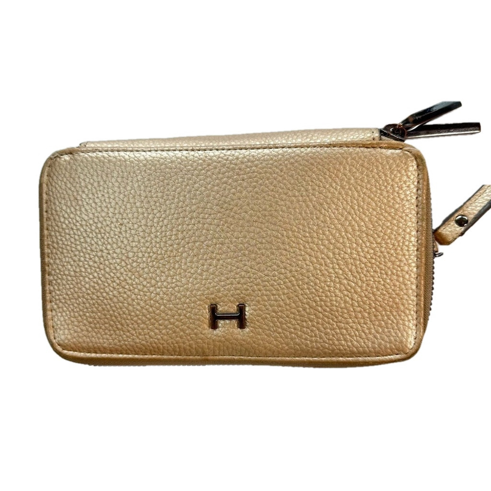 H By Halston Pearlized Champagne Logo Pebbled Leather Double Zip Wallet